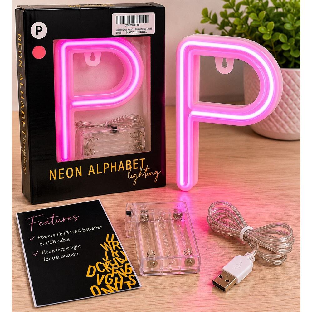 Neon Alphabet Letter P LED Light Sign Pink Decor Battery Or USB Powered